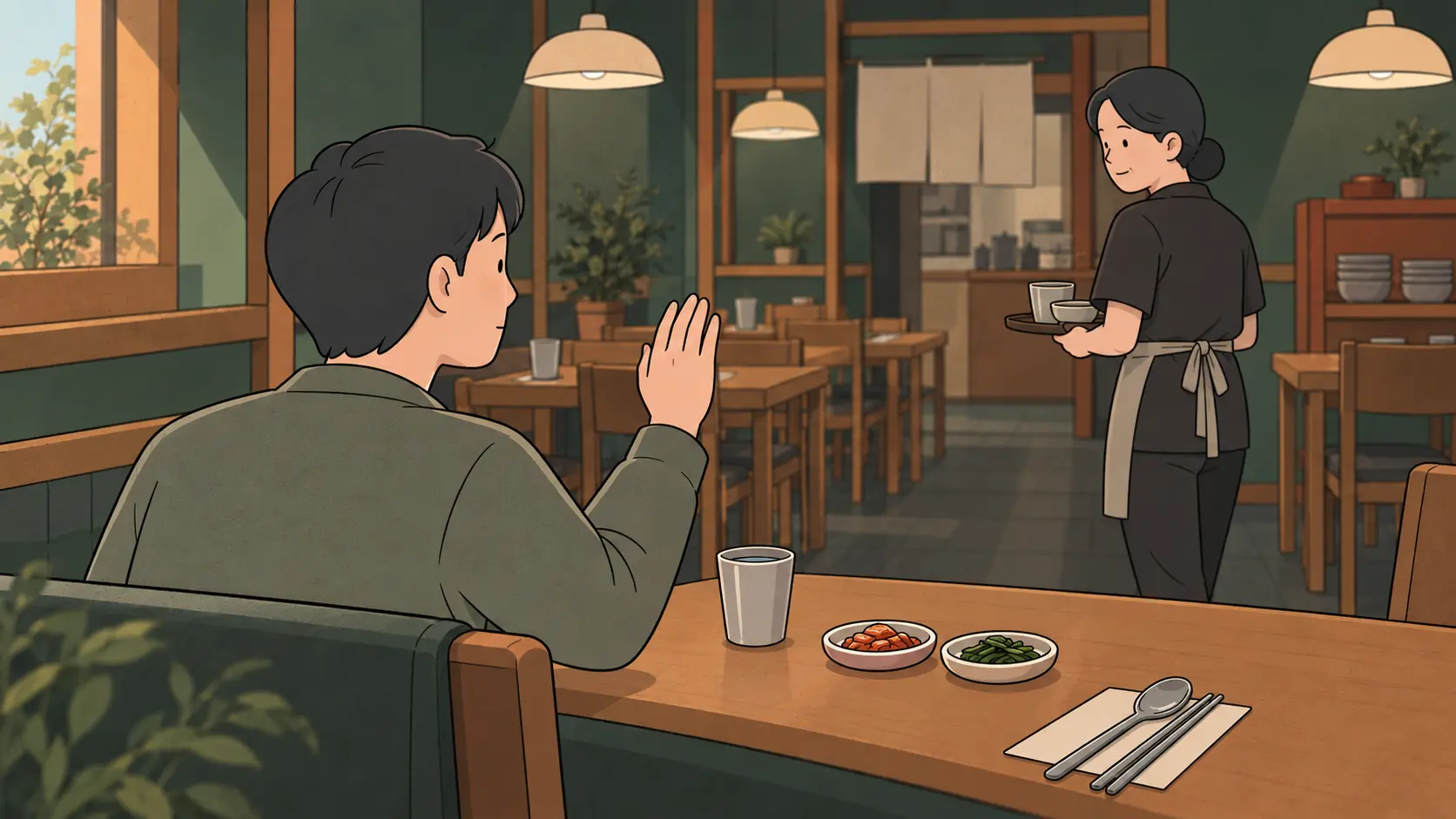 A diner raises a hand to a server in this Korean restaurant call button article illustration.
