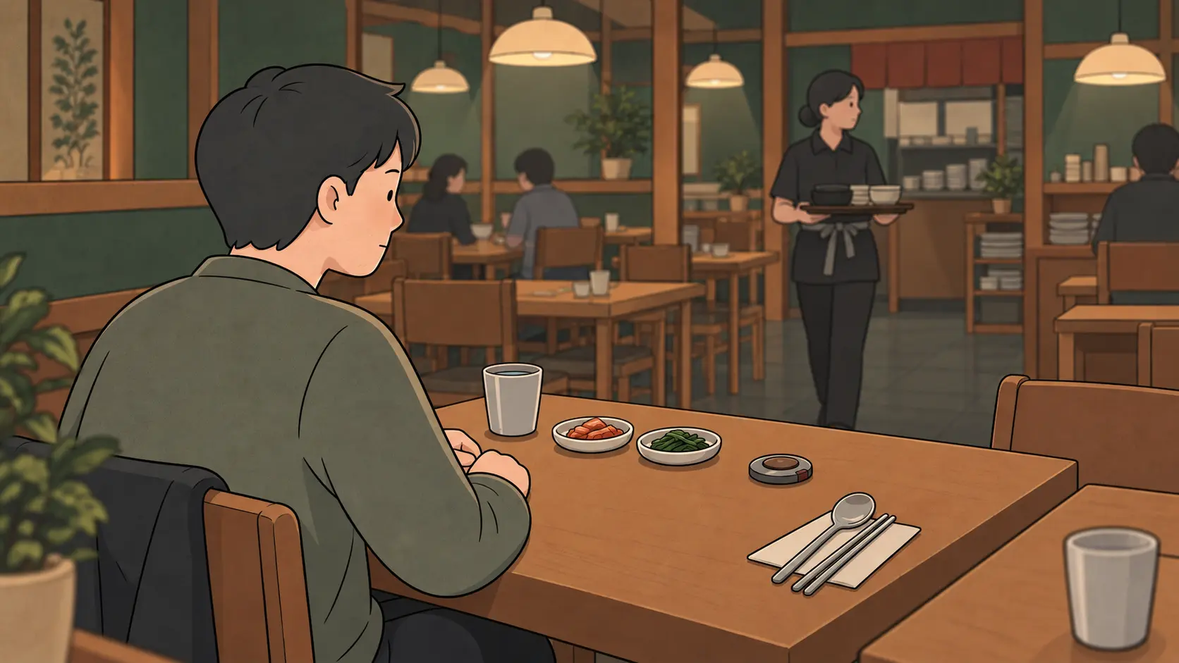 A diner sits beside a Korean restaurant call button while a server carries dishes through the dining room.