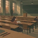 Korean university relative grading in a quiet lecture hall where two students sit far apart for an exam.