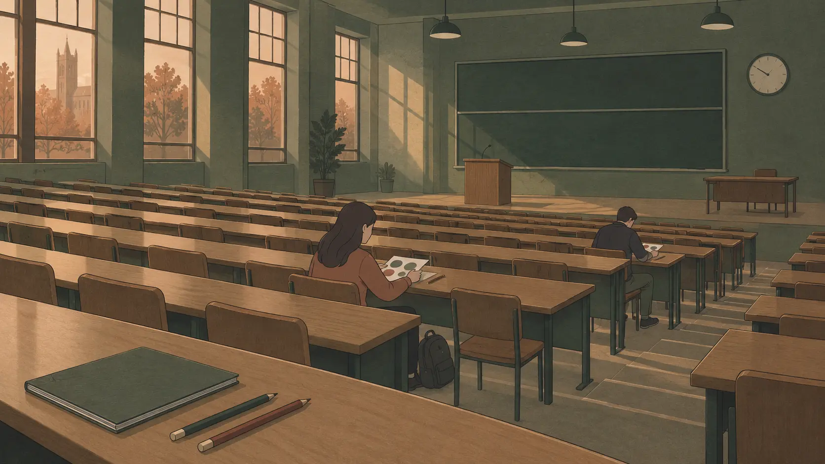 Korean university relative grading in a quiet lecture hall where two students sit far apart for an exam.