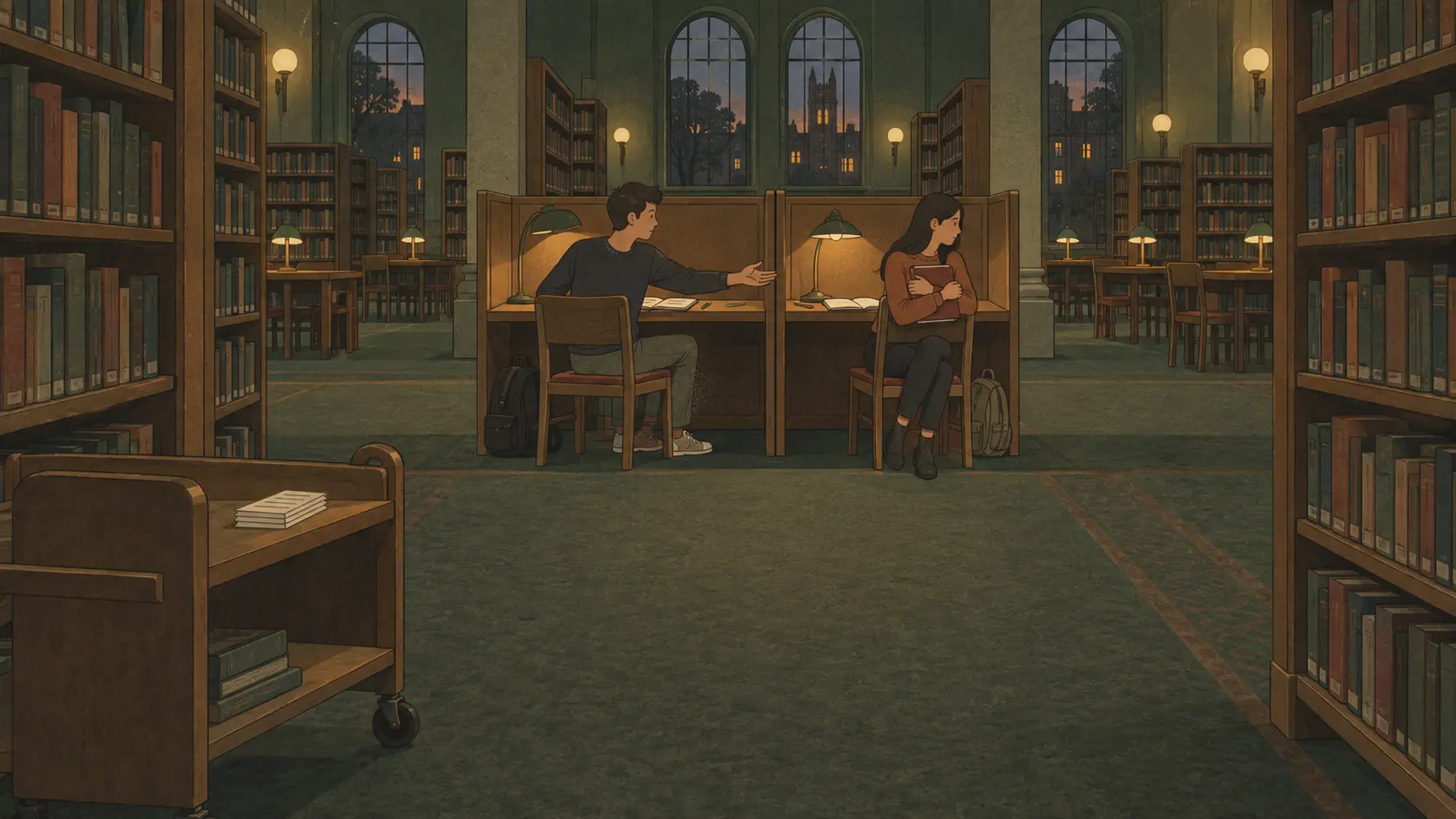 Korean university relative grading shapes a late-night library scene with two students studying in separate carrels.