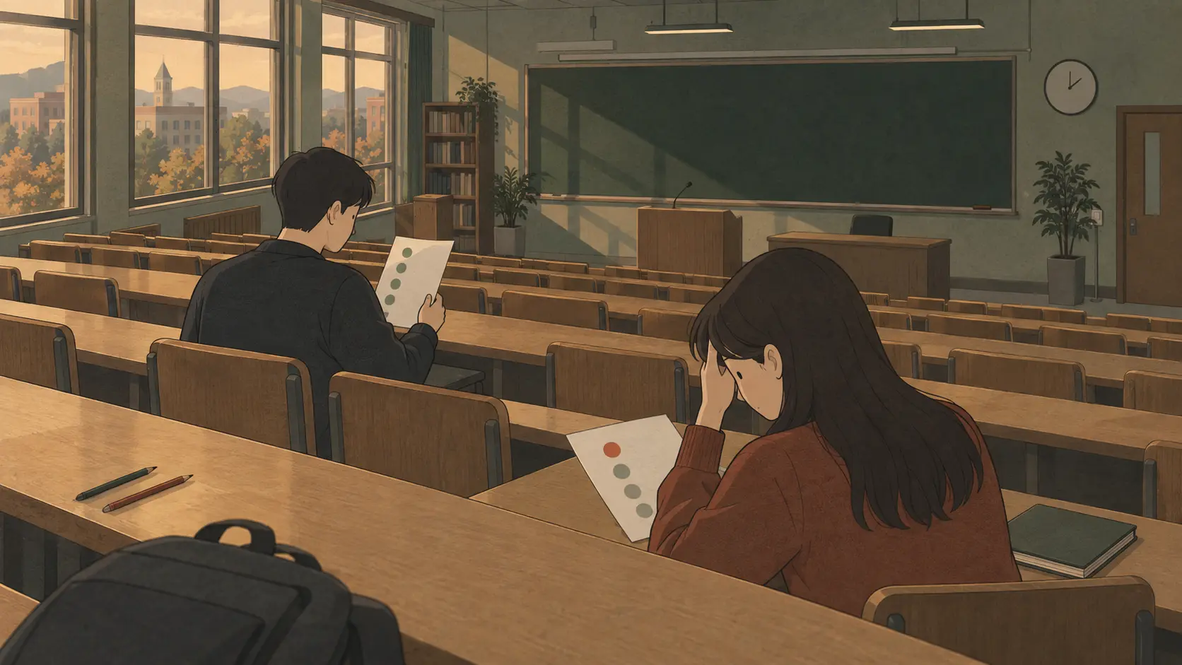 Korean university relative grading shown as two students quietly study returned exam papers in a lecture hall.