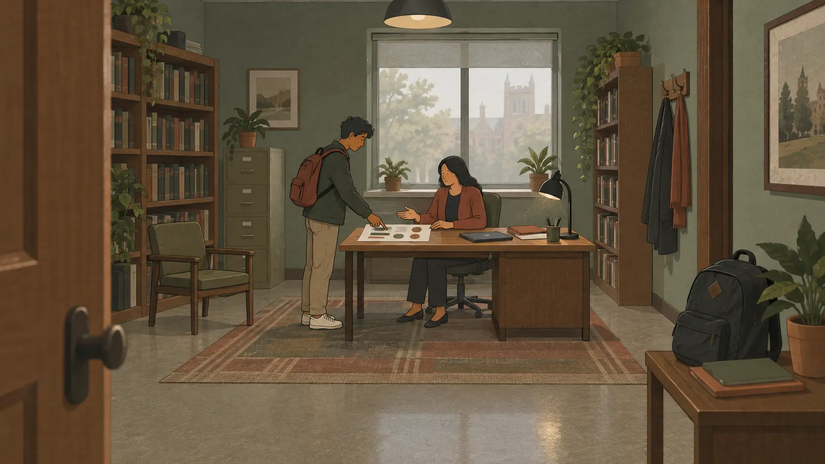 Korean university relative grading is discussed as a student reviews course papers with a professor in an office.