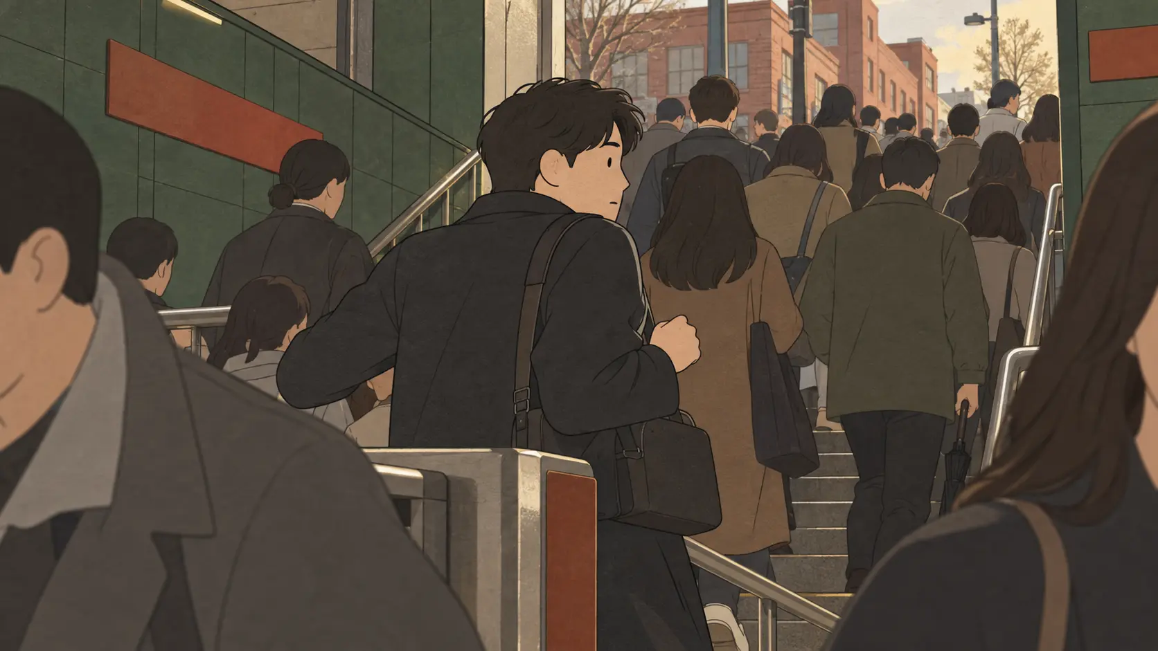 Seongsu Seoul visitors crowd a subway station staircase while a traveler turns amid the busy flow of people.