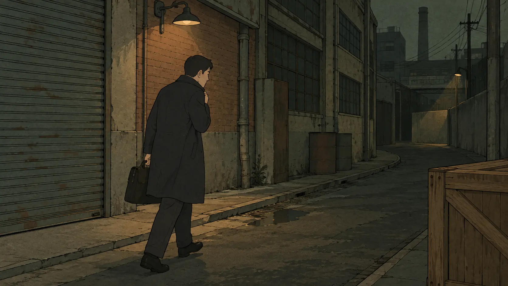 Seongsu Seoul after 7 p.m. appears as a dim factory alley where an office worker walks past closed shutters.