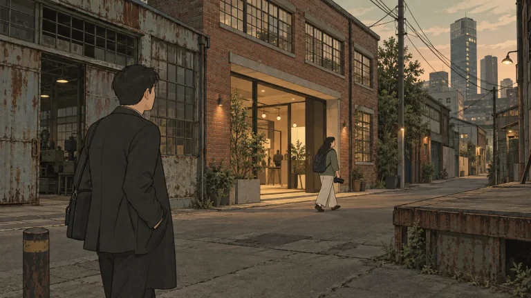 Seongsu Seoul shows an old factory building transformed by a brightly lit modern shop along an industrial alley.
