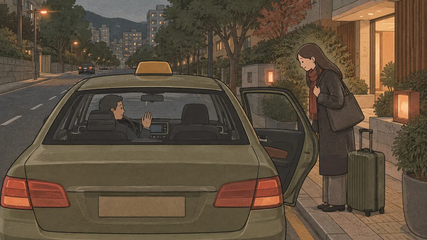 Tipping in Korea is replaced by a polite farewell as a taxi passenger stands beside a suitcase.