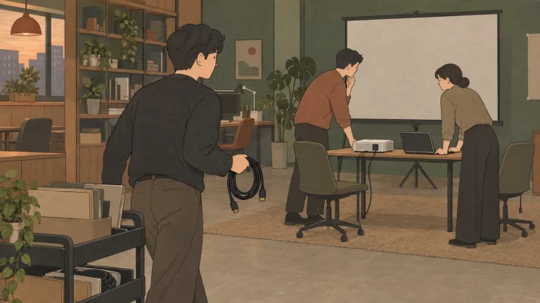 What is nunchi shown as a coworker notices two colleagues preparing a meeting room at sunset.