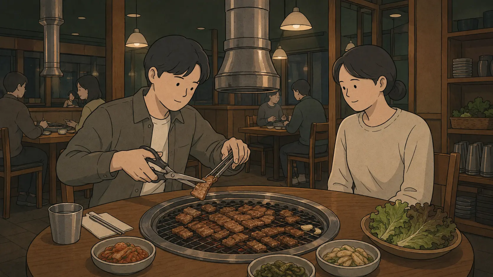 Why do Koreans use scissors for food? One diner cuts browned pork belly with scissors and tongs at a Korean BBQ table.