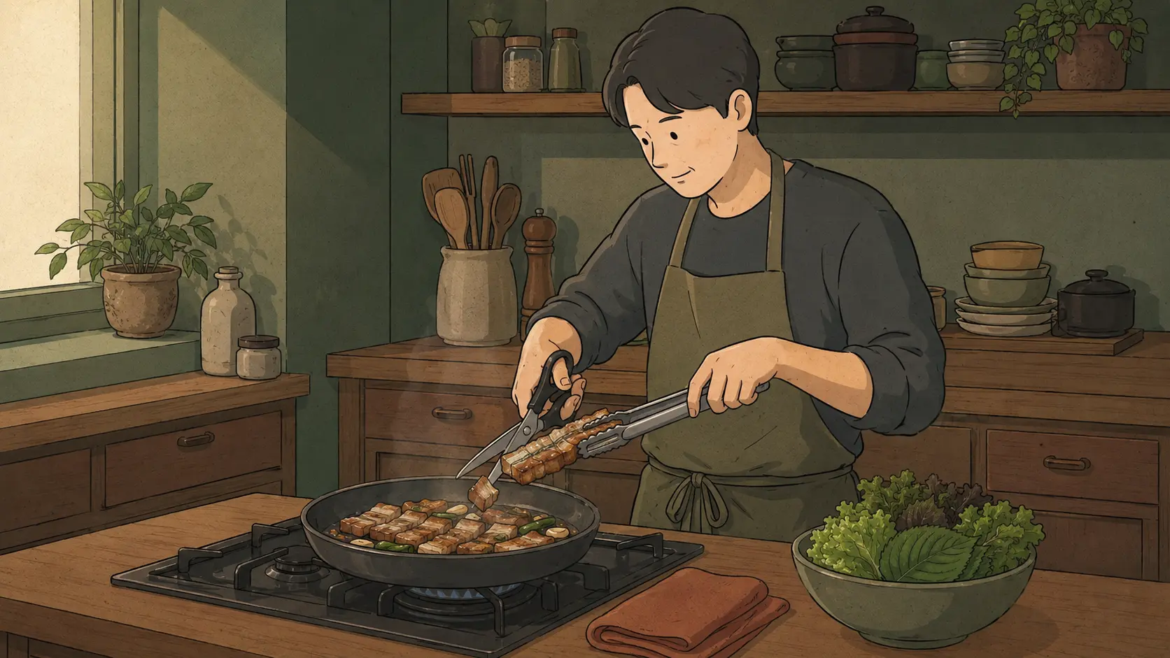 Why do Koreans use scissors for food? A cook cuts browned pork belly with scissors while holding it with metal tongs.