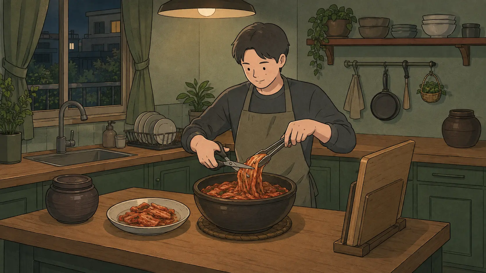Why do Koreans use scissors for food? A cook cuts napa-cabbage kimchi inside a bowl while gripping it with tongs.