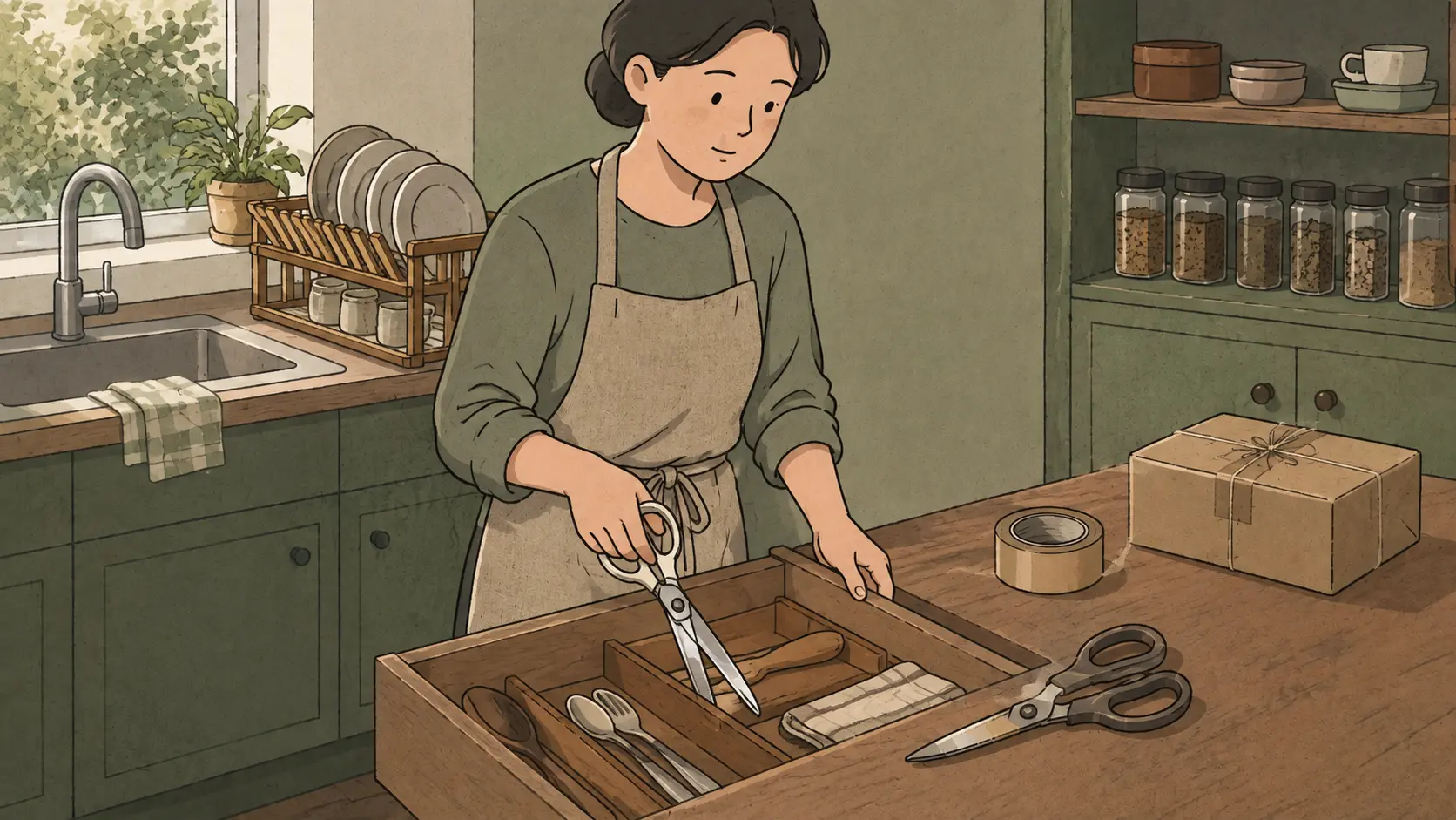 Why do Koreans use scissors for food? A woman stores kitchen scissors apart from scissors used with packing tape.