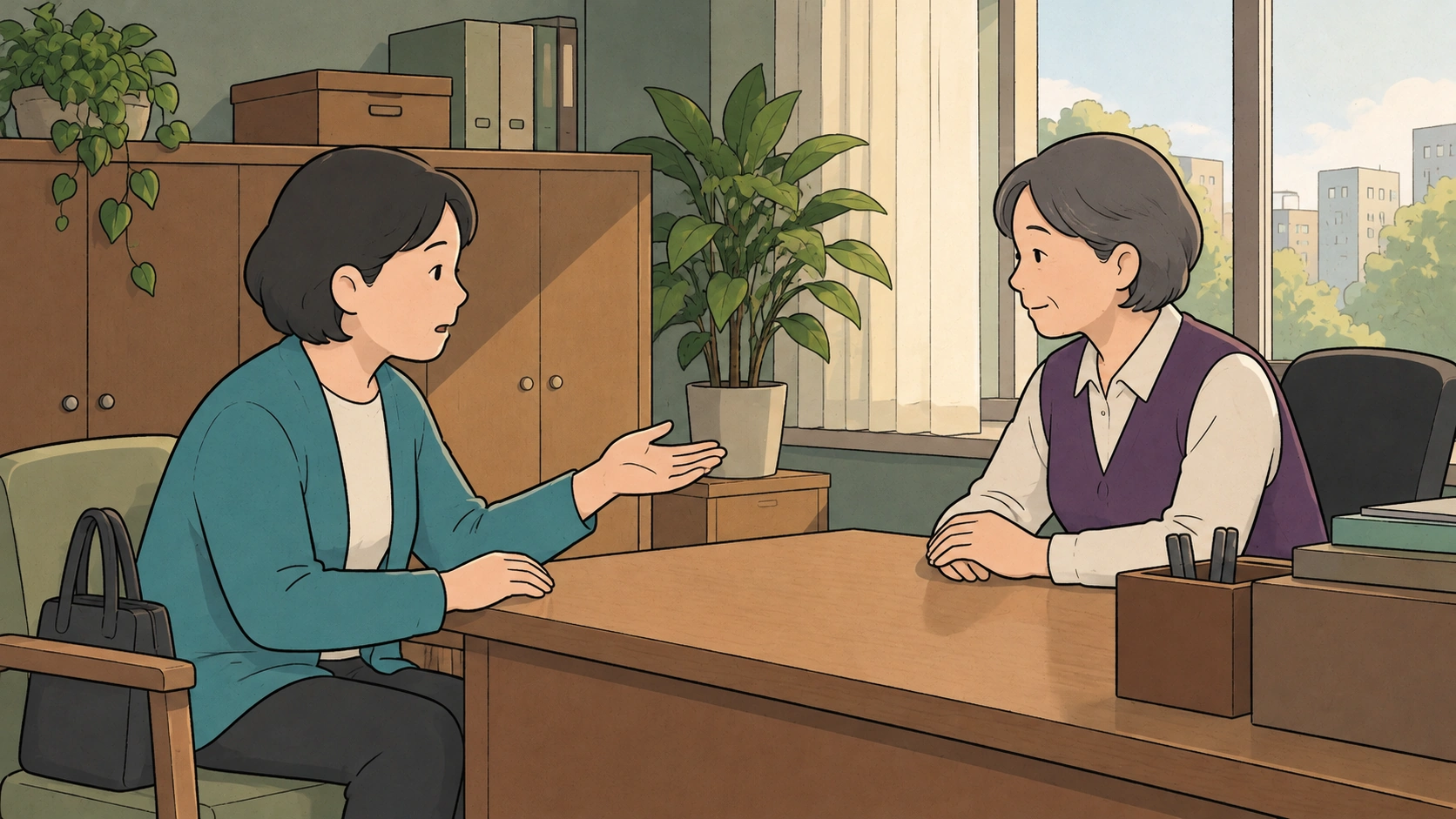 Apartments in Korea illustration showing a resident speaking with a staff member across a management office desk.