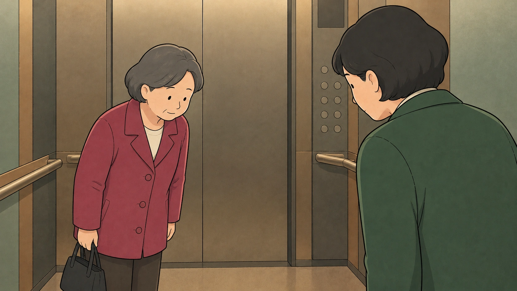 Two neighbors in apartments in Korea exchange small bows inside an elevator, with space between them.