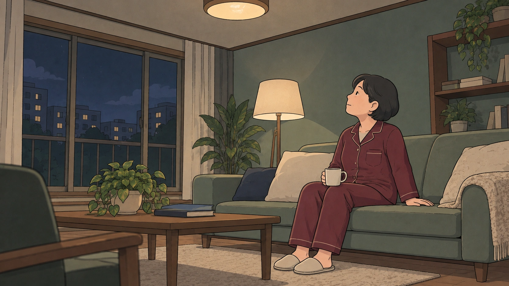 In this apartments in Korea illustration, a resident holds a mug on a sofa and looks toward the ceiling at night.