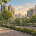 Apartments in Korea rise above a tree-lined Seoul street as a resident carrying a shopping bag walks along the sidewalk.