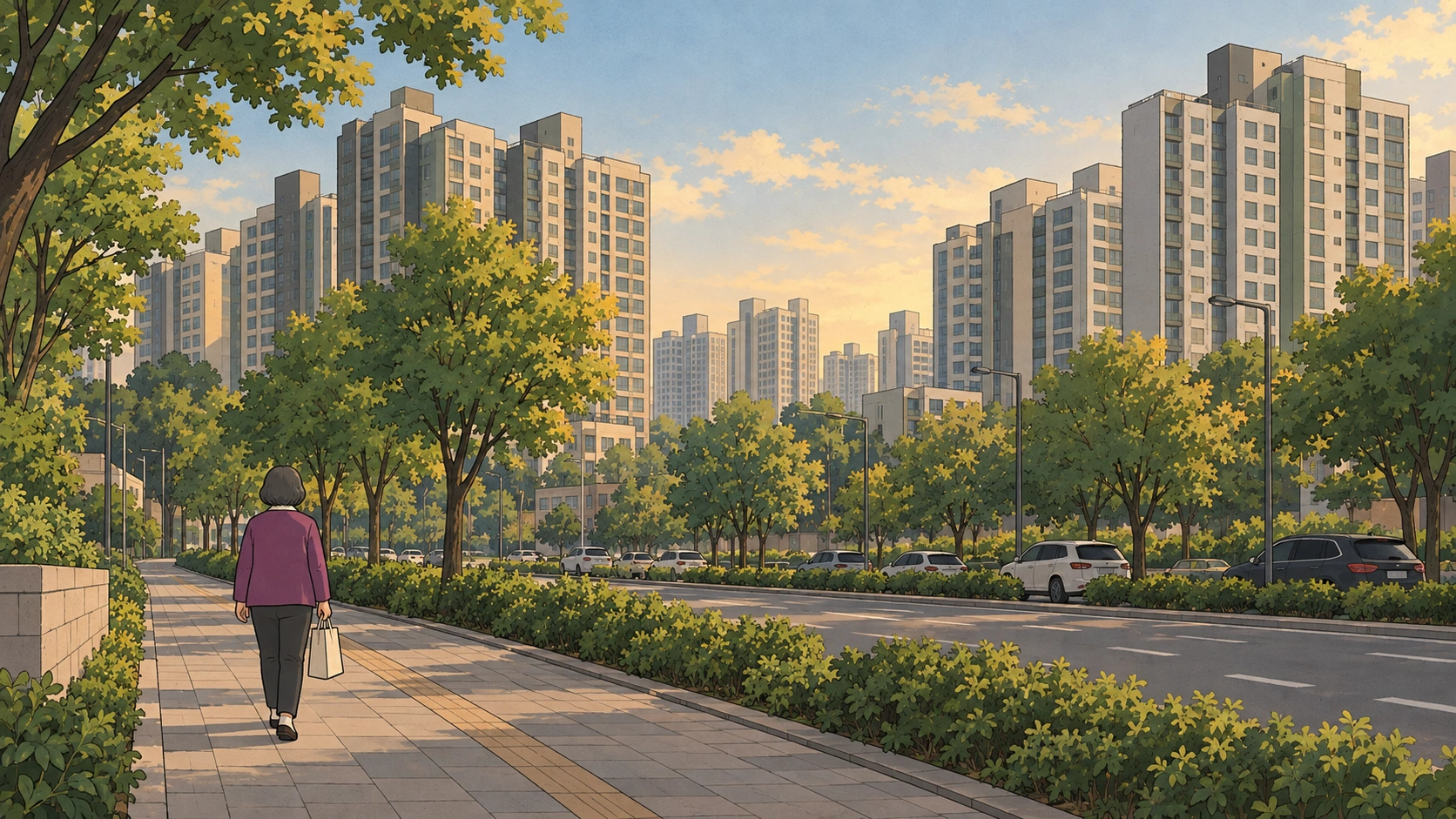 Apartments in Korea rise above a tree-lined Seoul street as a resident carrying a shopping bag walks along the sidewalk.