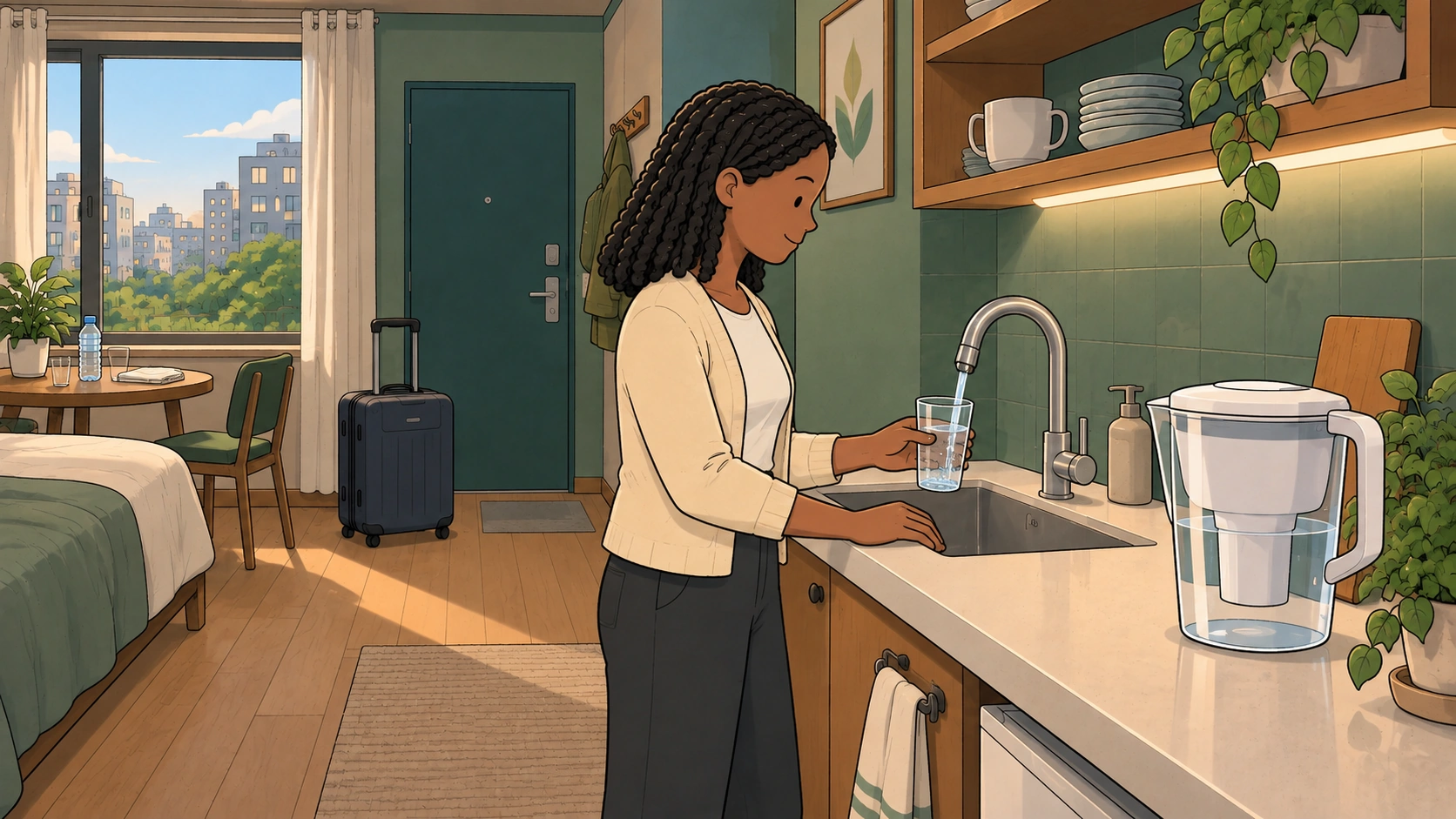 Can you drink tap water in Korea scene showing a traveler filling a glass from a kitchen tap beside a filter jug.