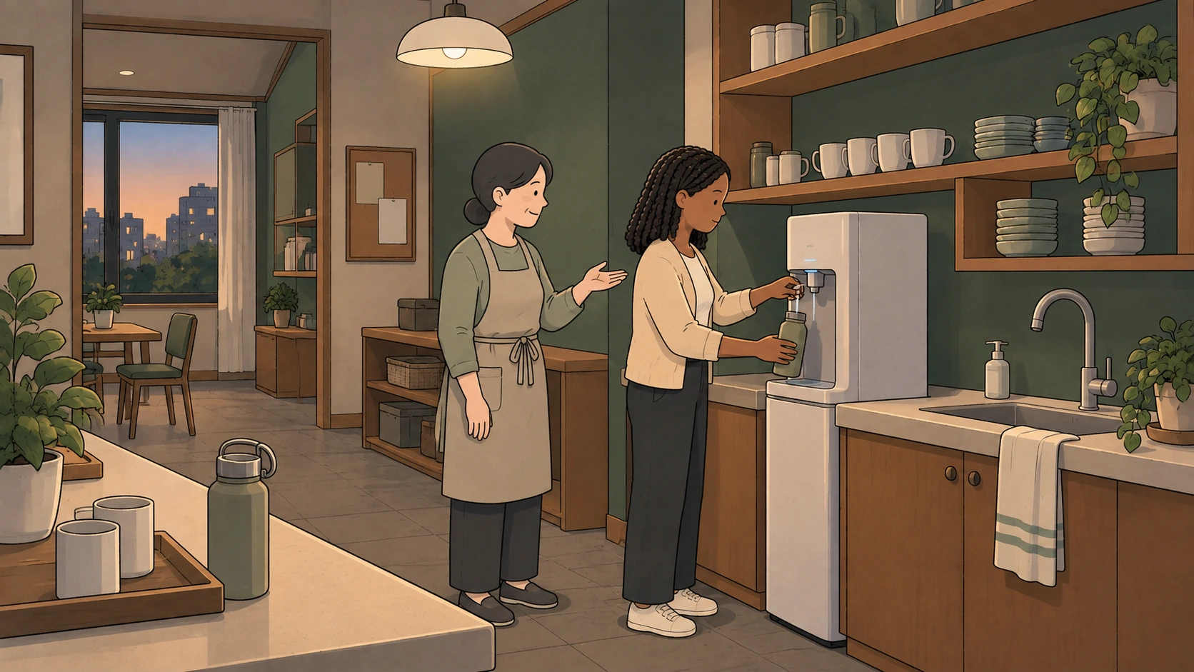 A traveler fills a bottle at a purifier beside a host in this Can you drink tap water in Korea illustration.