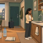 Can you drink tap water in Korea illustration showing a traveler beside a sink, filter jug, and bottled water.