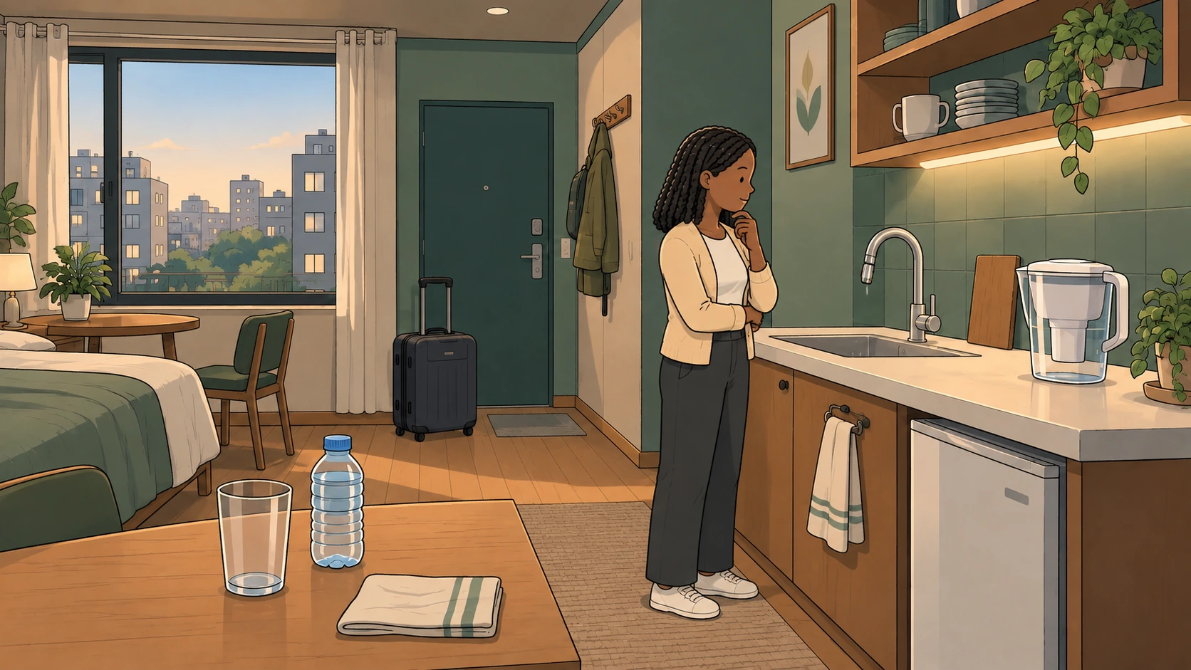 Can you drink tap water in Korea illustration showing a traveler beside a sink, filter jug, and bottled water.