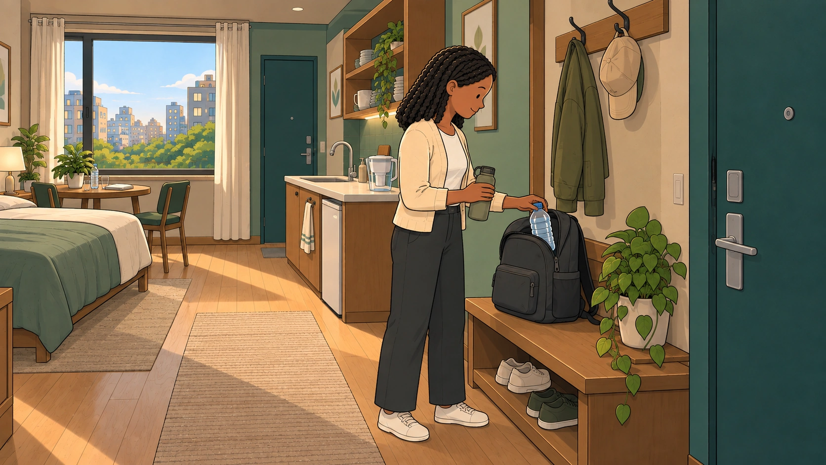 A traveler holds a reusable bottle while packing bottled water in this Can you drink tap water in Korea illustration.