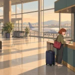 Cash in Korea illustration of a traveler exchanging banknotes at an airport counter with a suitcase beside her.