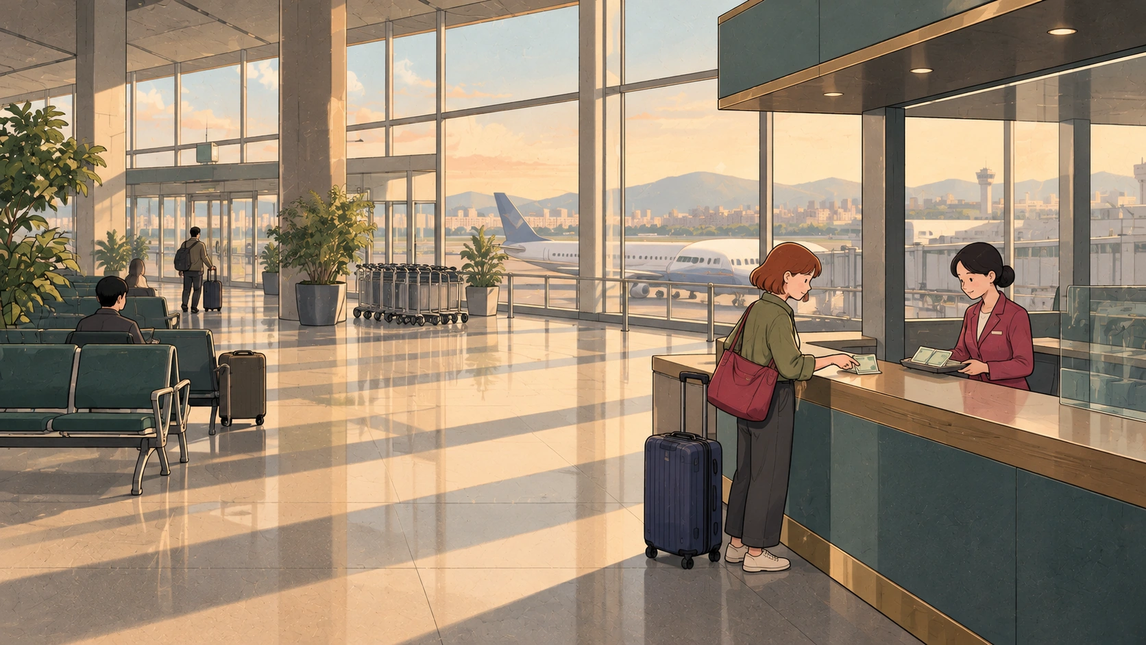 Cash in Korea illustration of a traveler exchanging banknotes at an airport counter with a suitcase beside her.