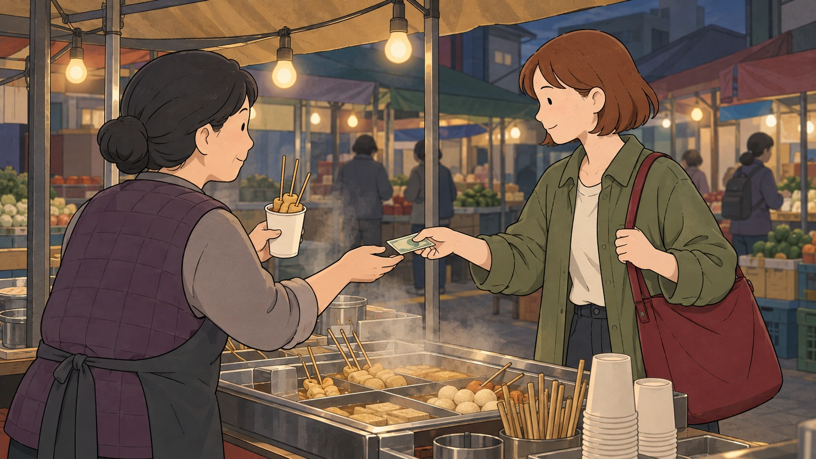 Using cash in Korea, a traveler pays a market vendor who holds a cup of skewered snacks beside a steaming tray.