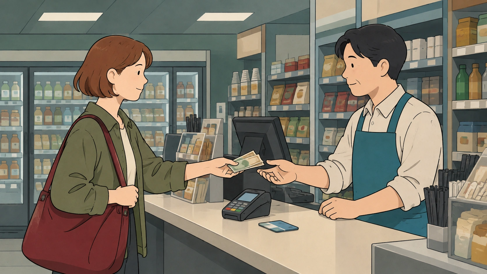 Cash in Korea changes hands at a convenience-store counter, with a transport card beside the payment terminal.