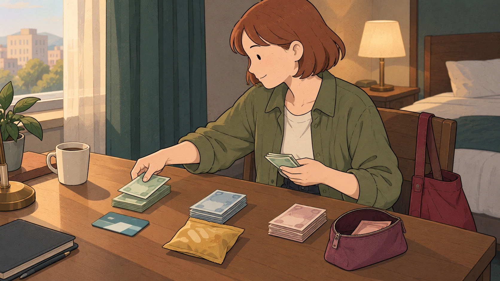 Planning cash in Korea, a seated traveler sorts three piles of banknotes beside a card, snack bag, and open pouch.