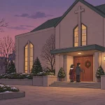 Christmas in Korea at dusk: two adults stand at a wreath-decorated church door beneath a large cross.