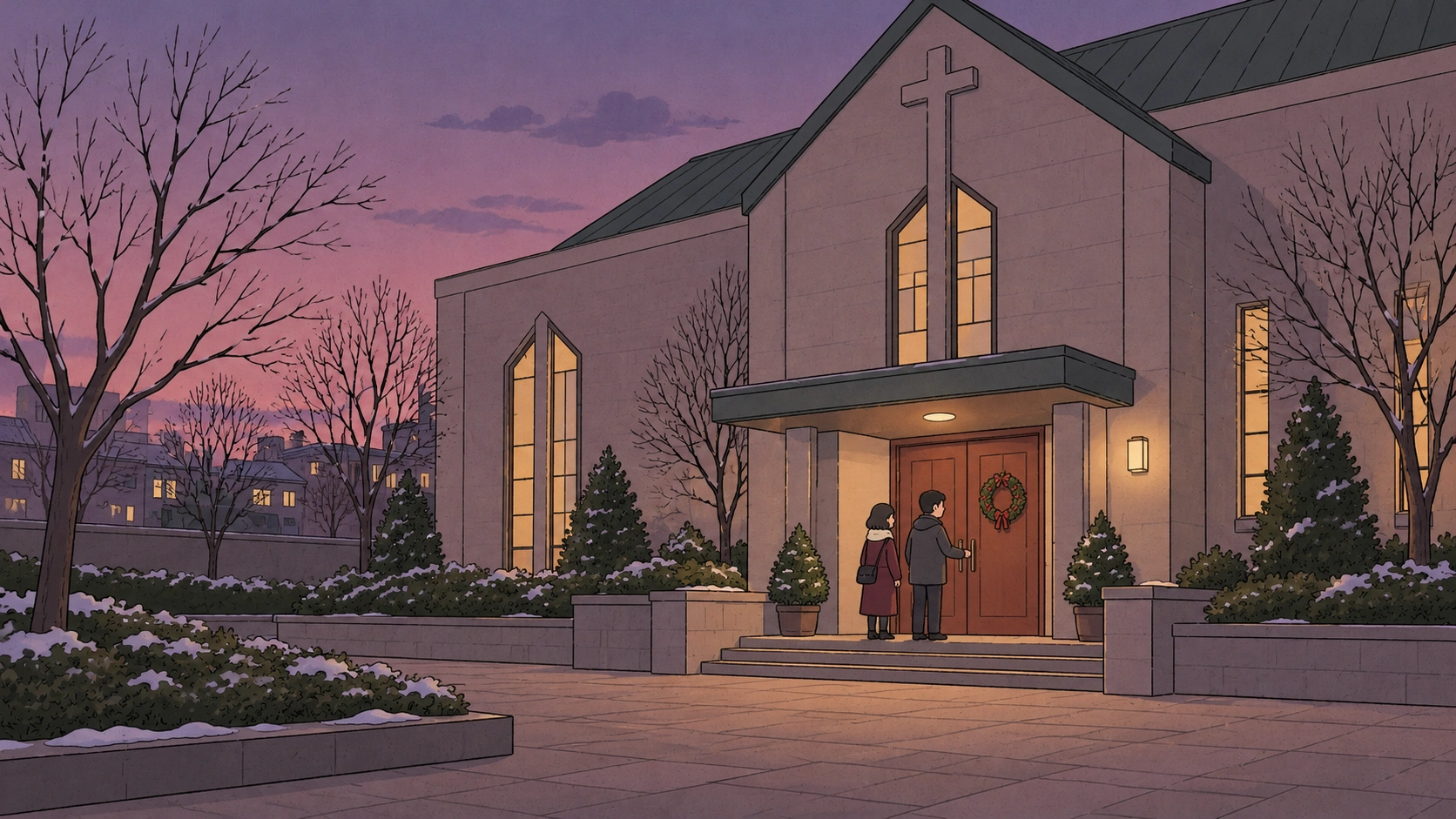 Christmas in Korea at dusk: two adults stand at a wreath-decorated church door beneath a large cross.