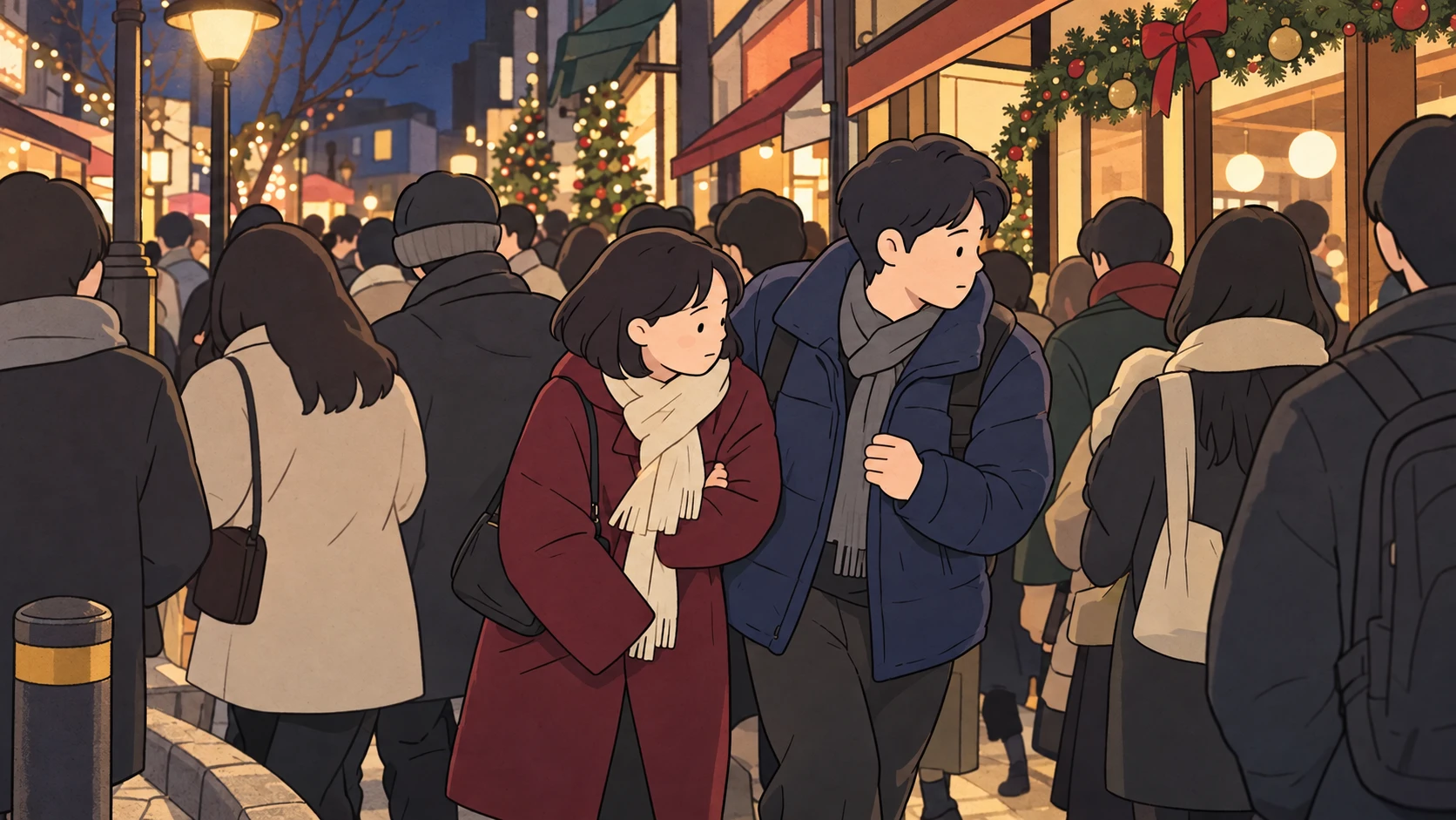 Christmas in Korea illustration of a couple moving through a crowded street beneath festive lights.
