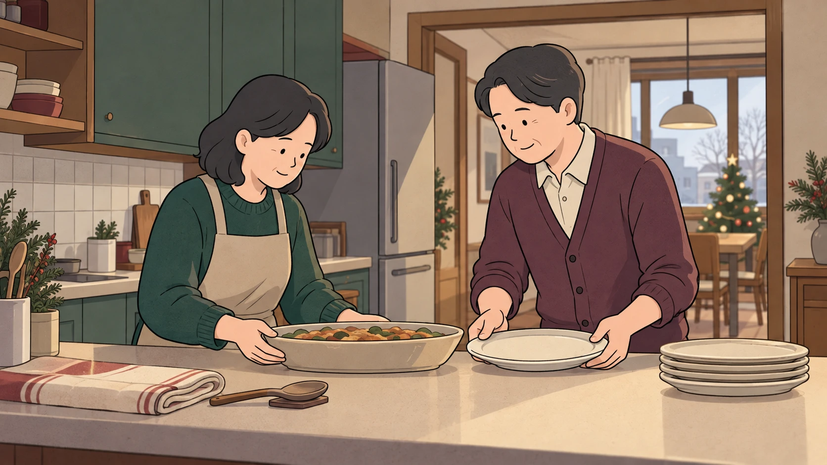 For Christmas in Korea, two parents arrange a serving dish and plates on a kitchen counter.