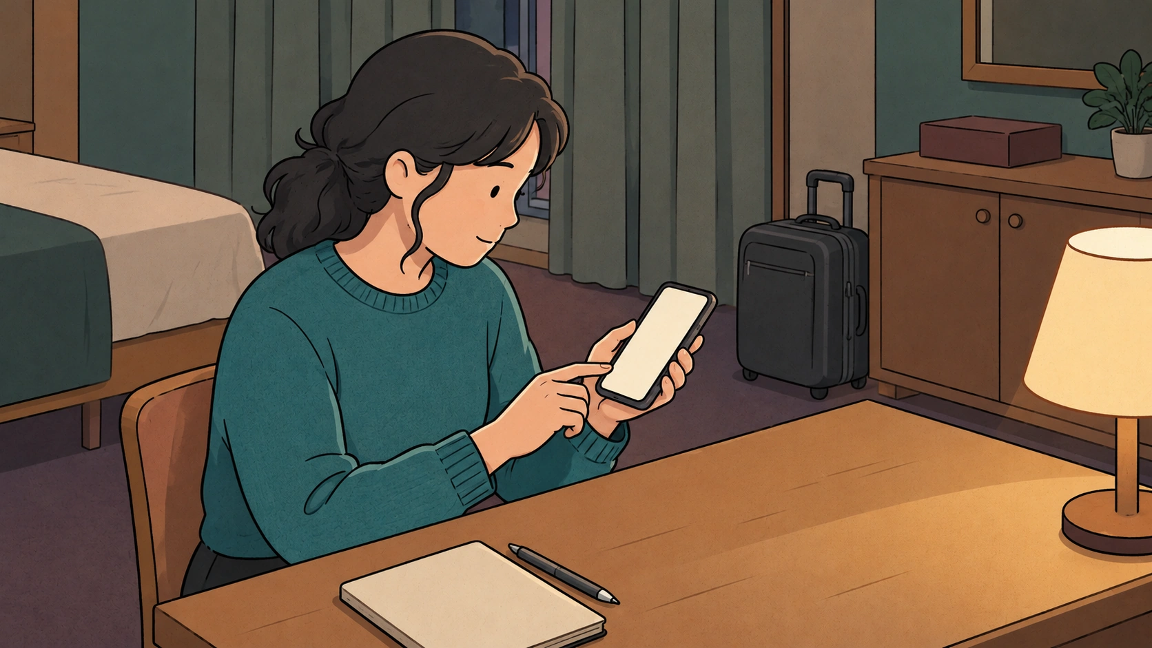 Planning Christmas in Korea, a traveler taps a blank phone screen at a desk beside a notebook and lamp.