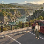 Driving in Korea illustration of a traveler beside a parked red car overlooking a river gorge and suspension bridge.