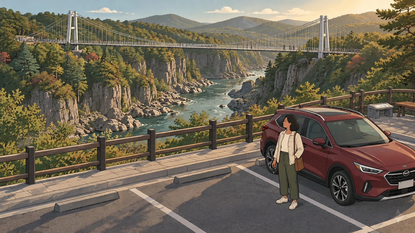 Driving in Korea illustration of a traveler beside a parked red car overlooking a river gorge and suspension bridge.