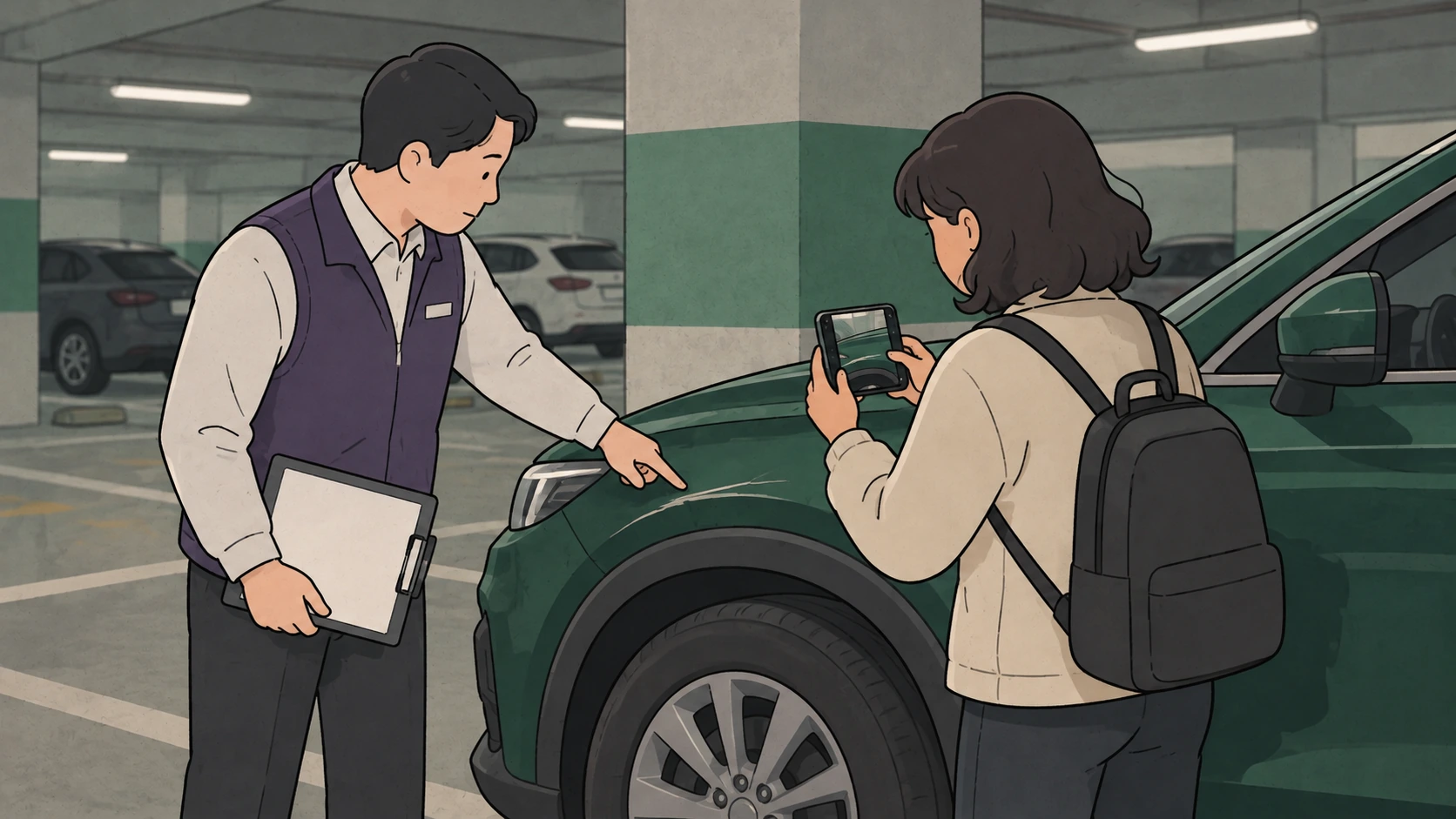 Before driving in Korea, a traveler photographs scratches on a green rental car while a staff member points at them.