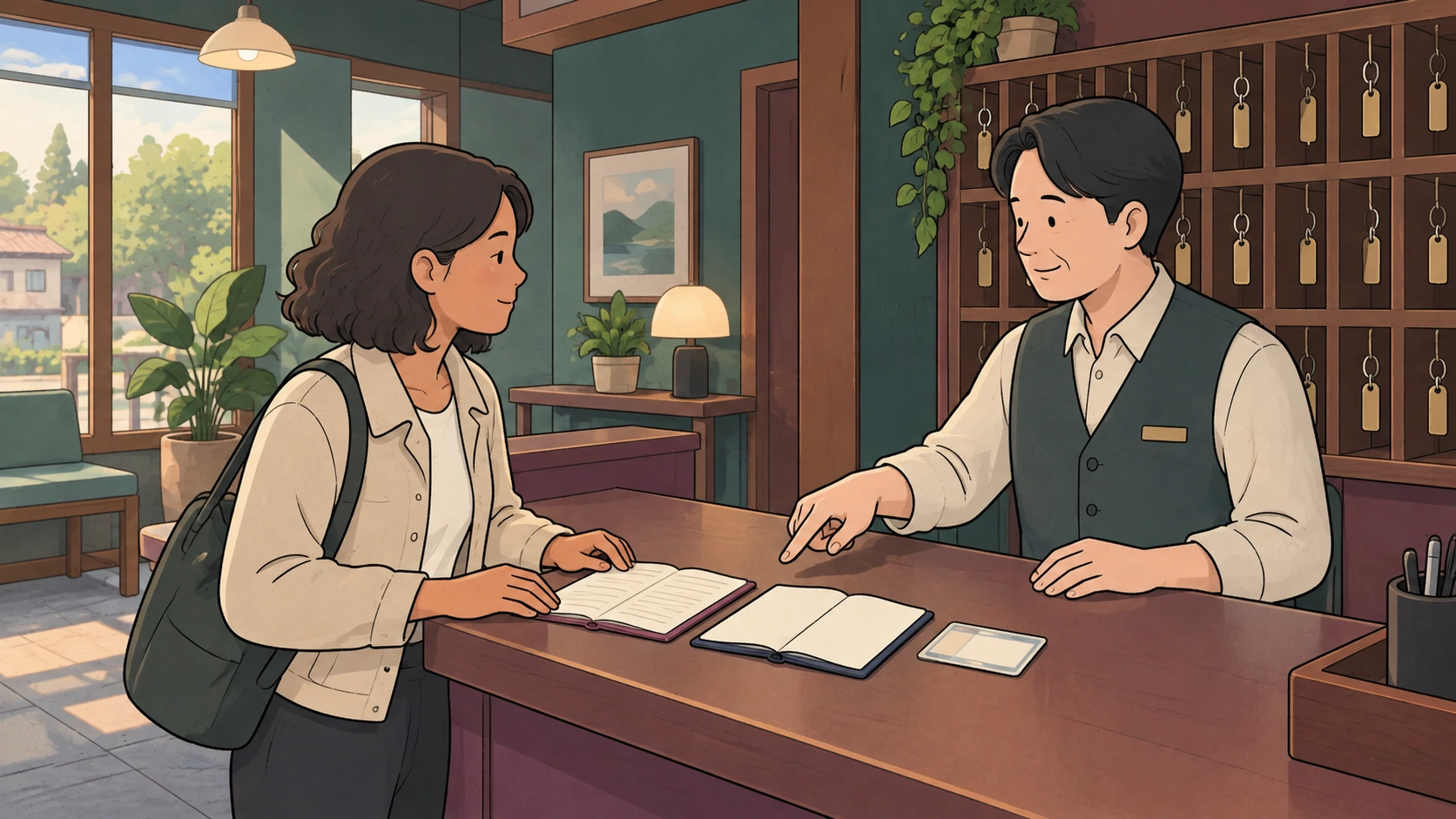 Driving in Korea illustration of a traveler and clerk reviewing two open booklets and a card at a rental counter.