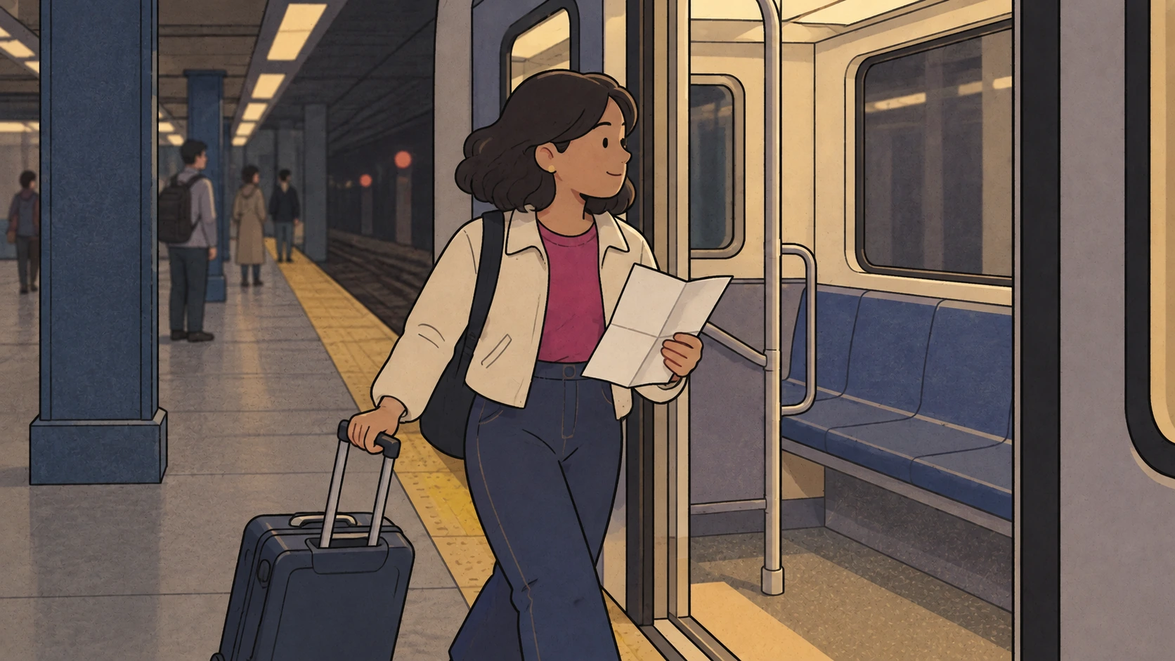 As an alternative to driving in Korea, a traveler boards a subway with a rolling suitcase and folded map.