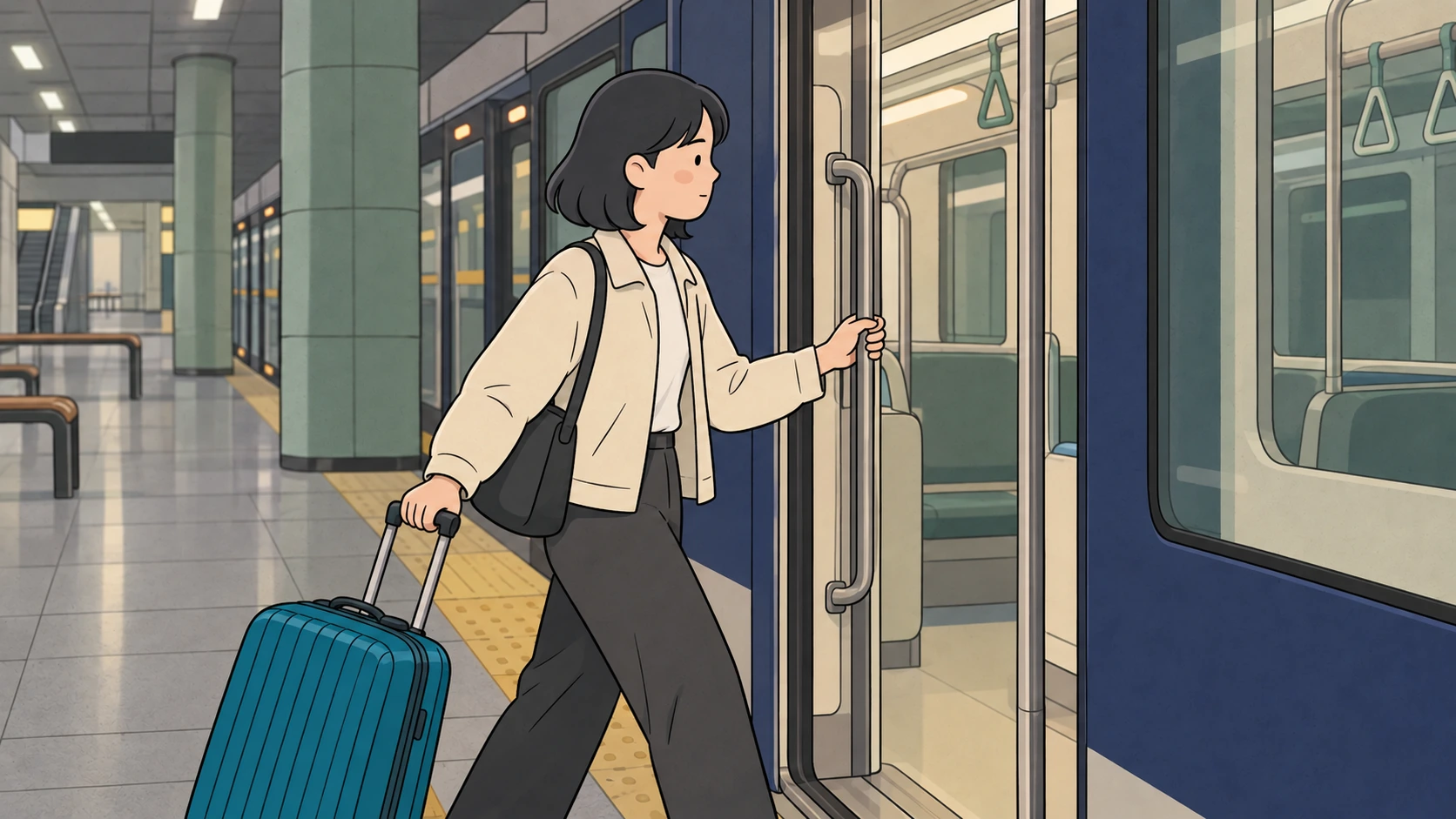 Gimpo to Incheon traveler boards a train, pulling a teal suitcase and holding the doorway handrail.