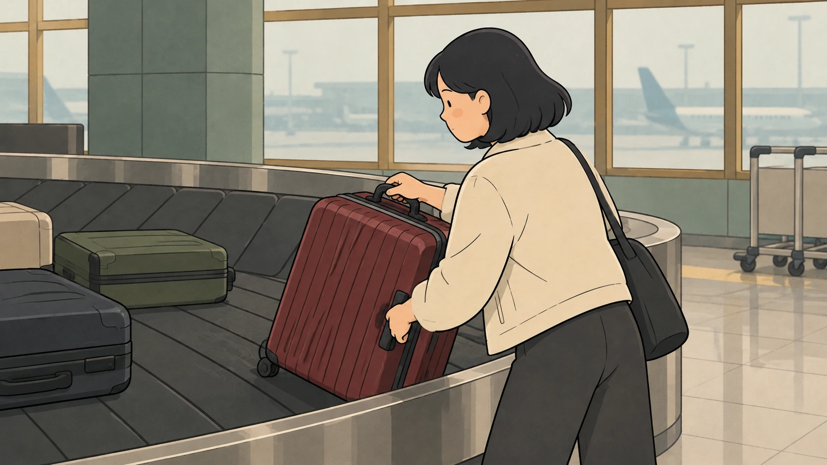 For her Gimpo to Incheon transfer, a traveler lifts a burgundy suitcase from a baggage carousel with both hands.