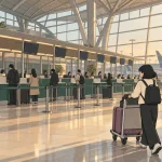 Gimpo to Incheon traveler pushes a loaded luggage trolley toward check-in counters in a sunlit departure hall.