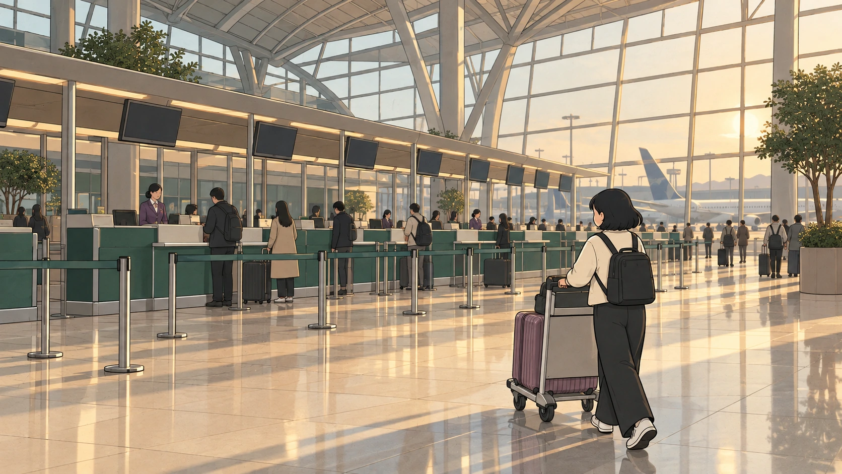 Gimpo to Incheon traveler pushes a loaded luggage trolley toward check-in counters in a sunlit departure hall.
