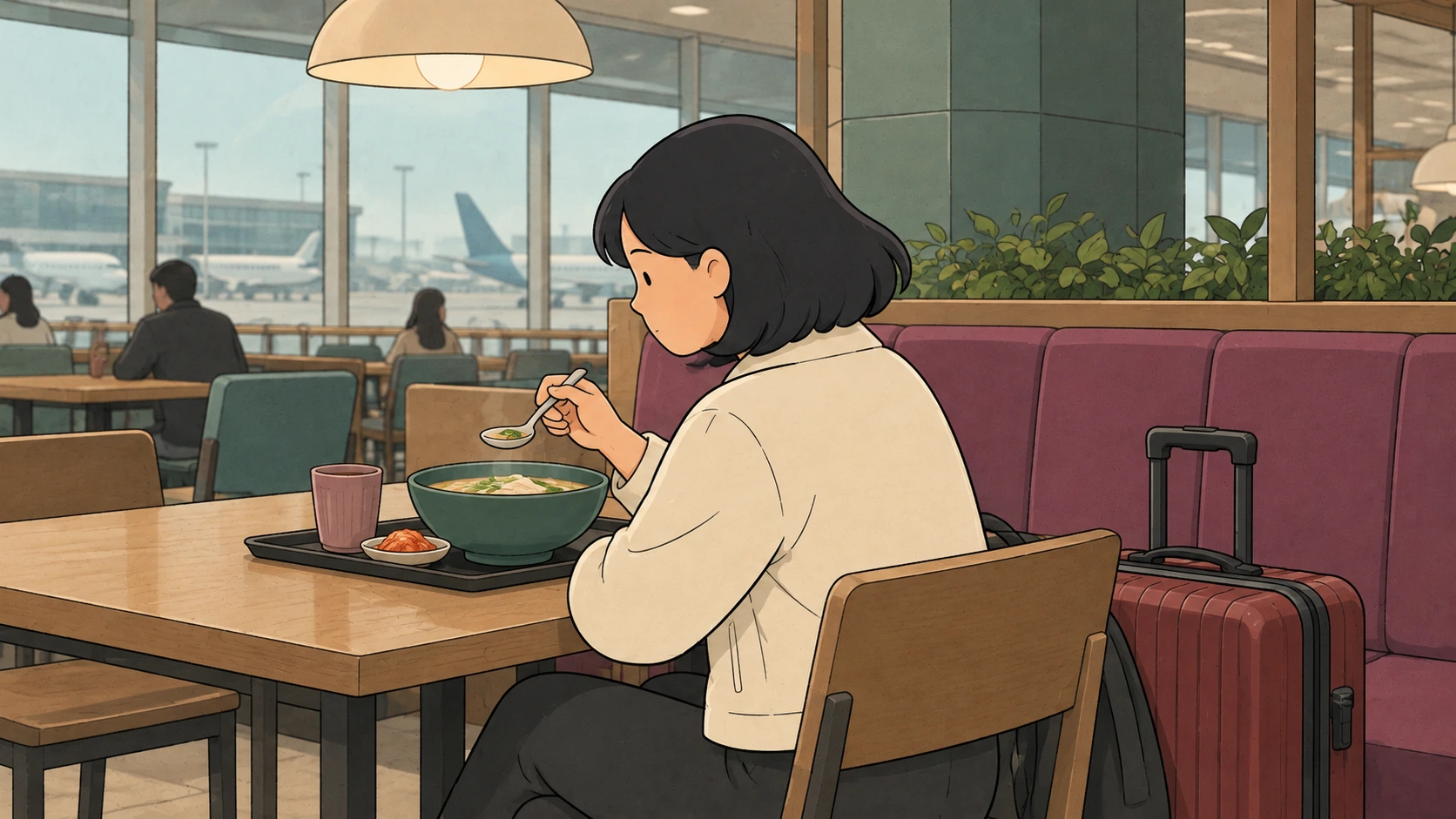 After a Gimpo to Incheon transfer, a seated traveler holds a spoon over soup with her suitcase beside her chair.