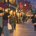 Halloween in Seoul illustration of two travelers watching pedestrians in bat and witch costumes on an evening street.