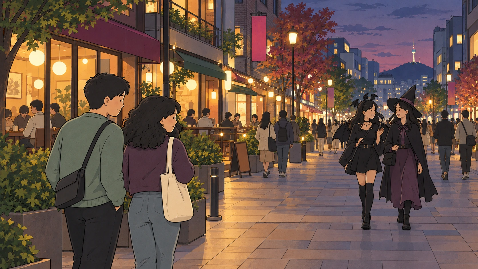 Halloween in Seoul illustration of two travelers watching pedestrians in bat and witch costumes on an evening street.