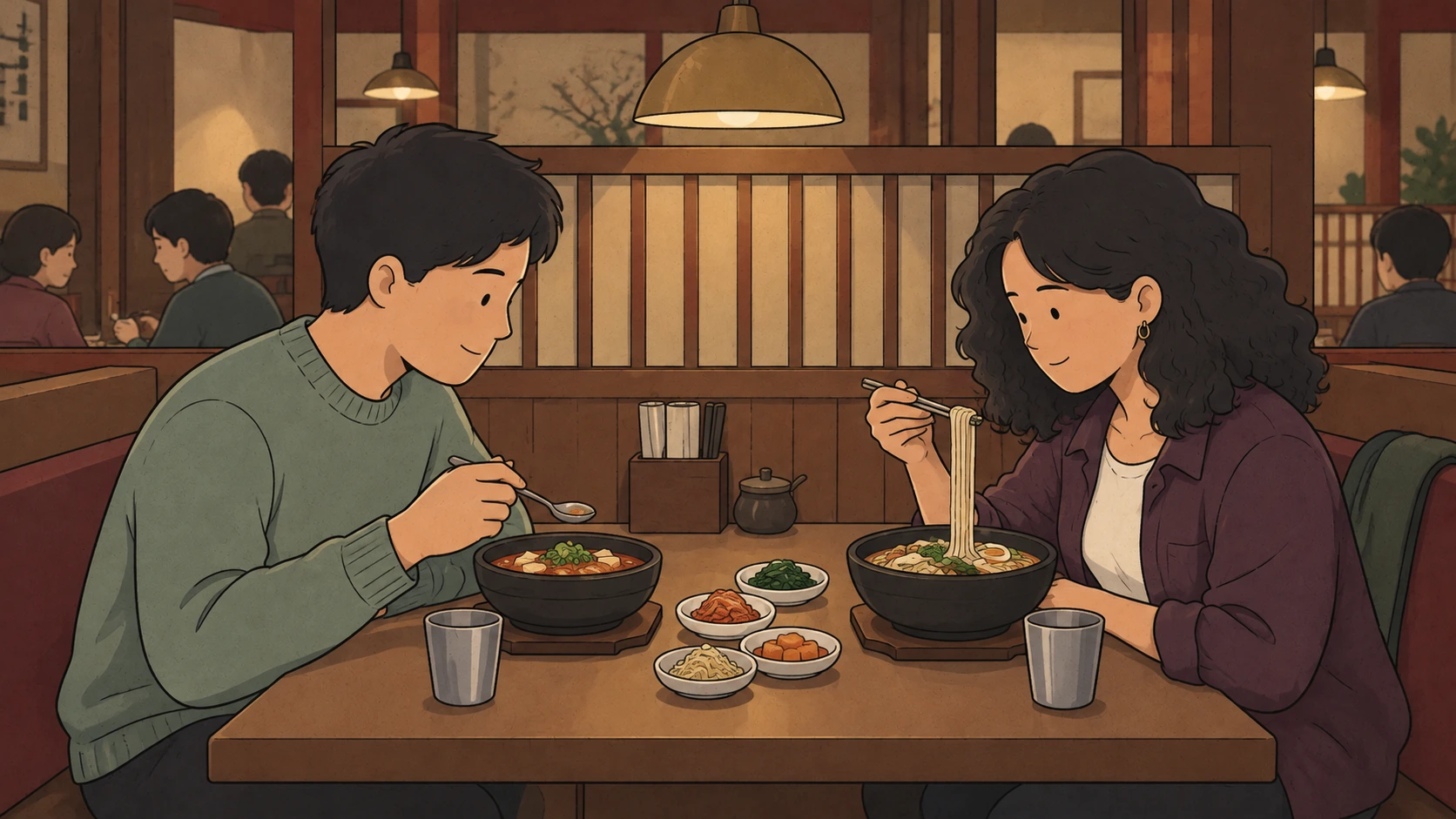 For Halloween in Seoul, a couple share a restaurant table as she lifts noodles and he holds a spoon over his bowl.