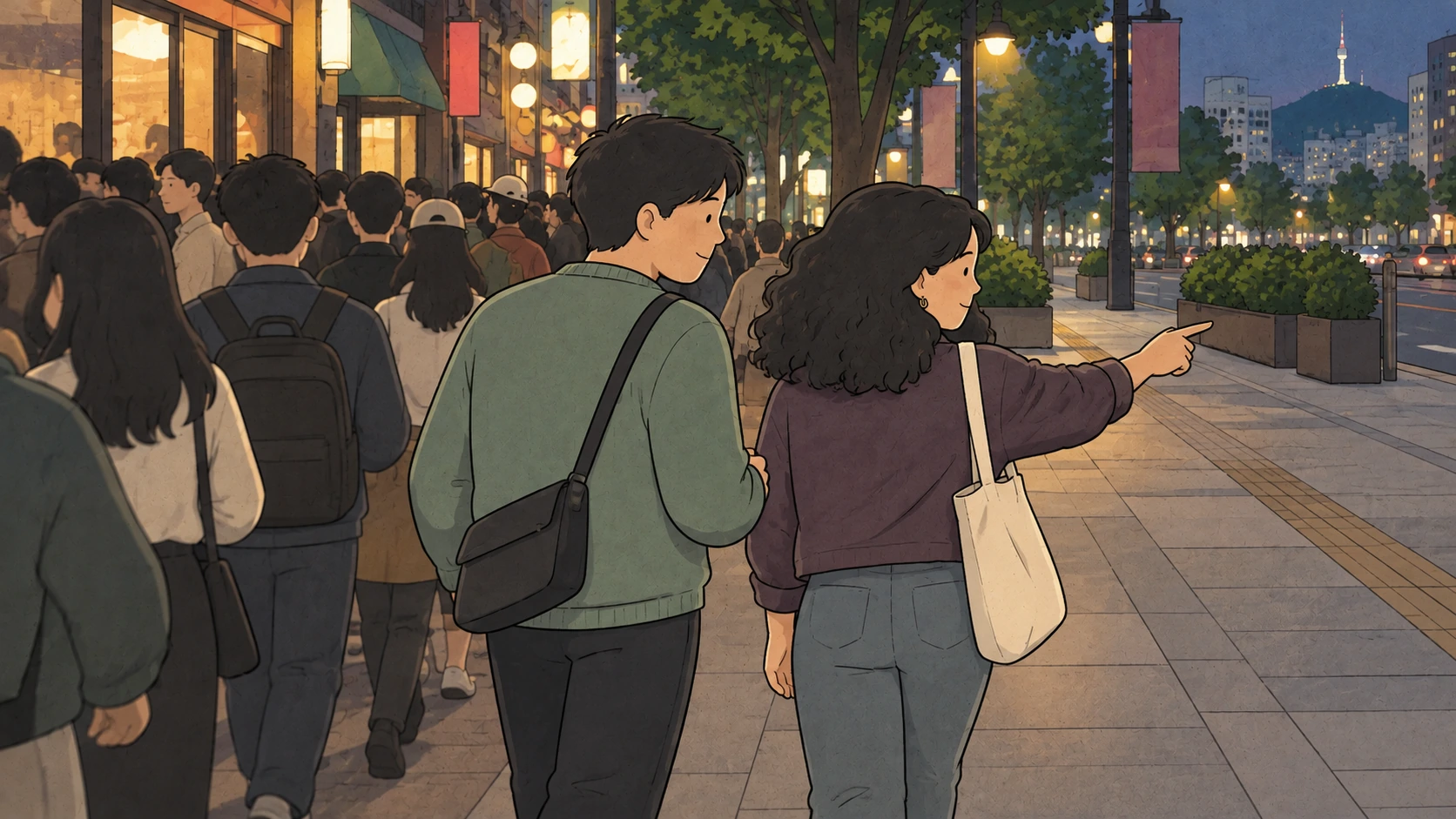 During Halloween in Seoul, a woman points toward clear pavement while her companion turns beside a crowded street.
